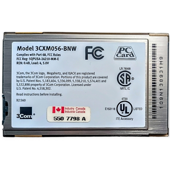 3com Noteworthy PCMCIA 56K Modem PC Card With XJack Connecter Model 3CXM056-BNW - Picture 2 of 3